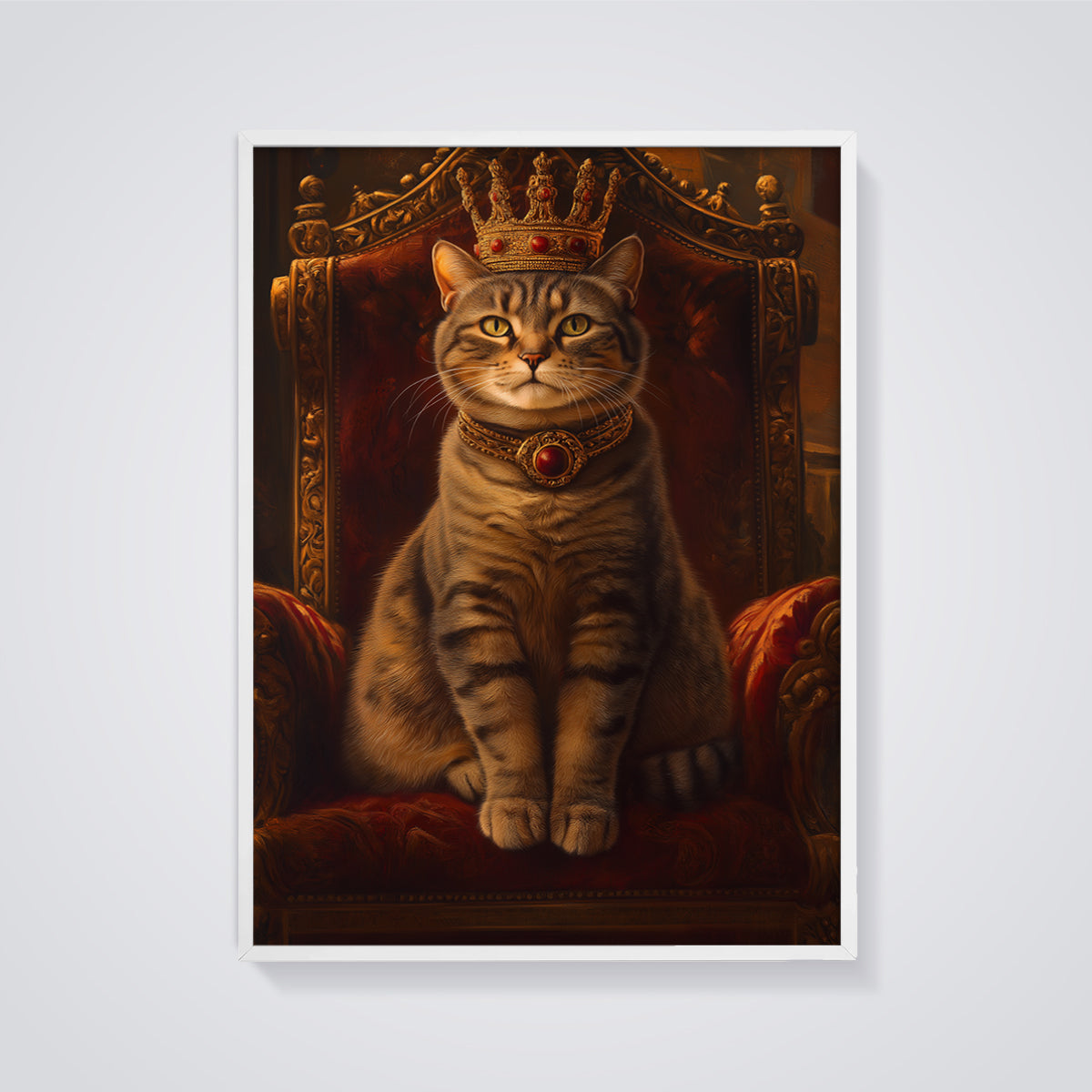 Royal Cat Throne Portrait Print framed in white on a grey background
