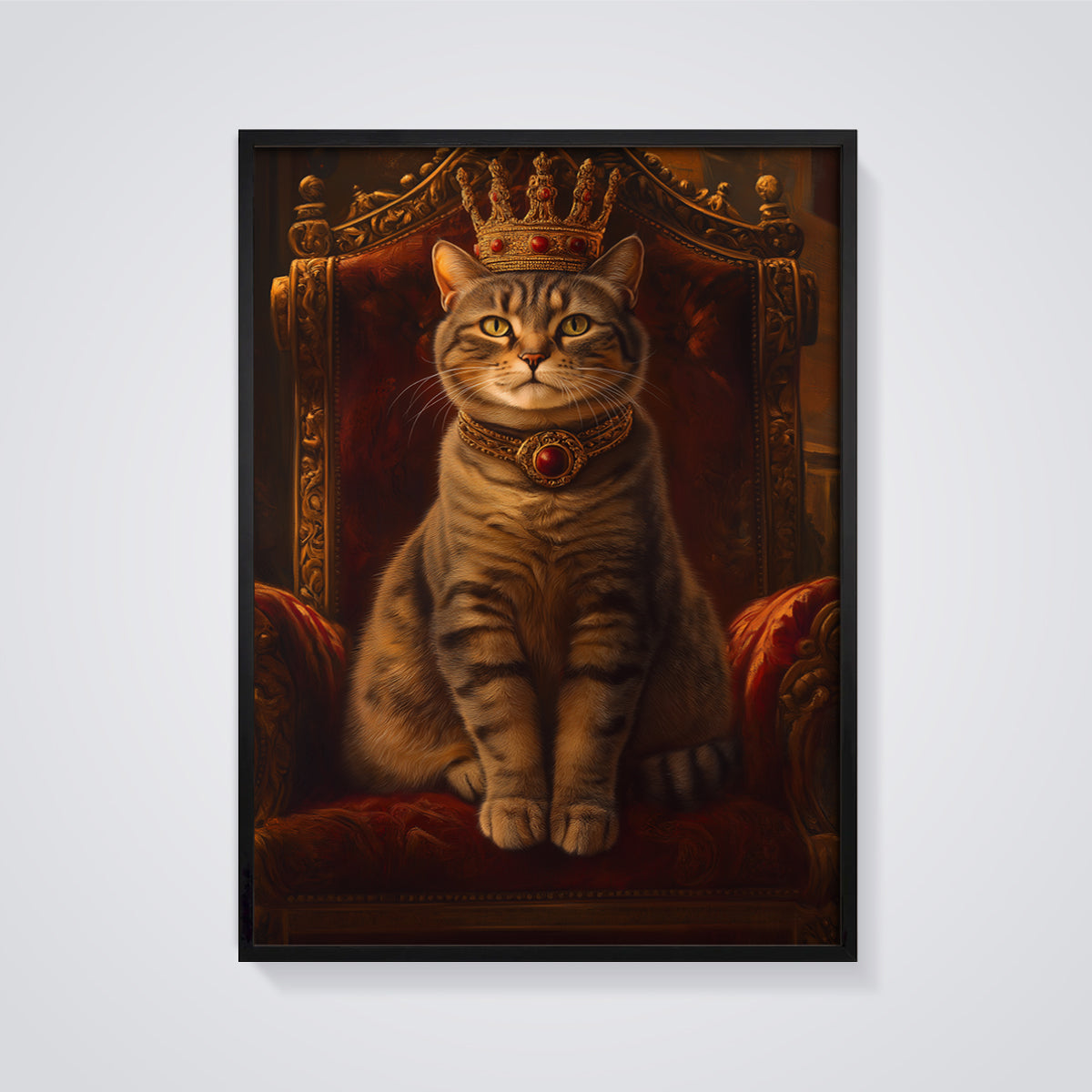 Royal Cat Throne Portrait Print framed in black on a grey background