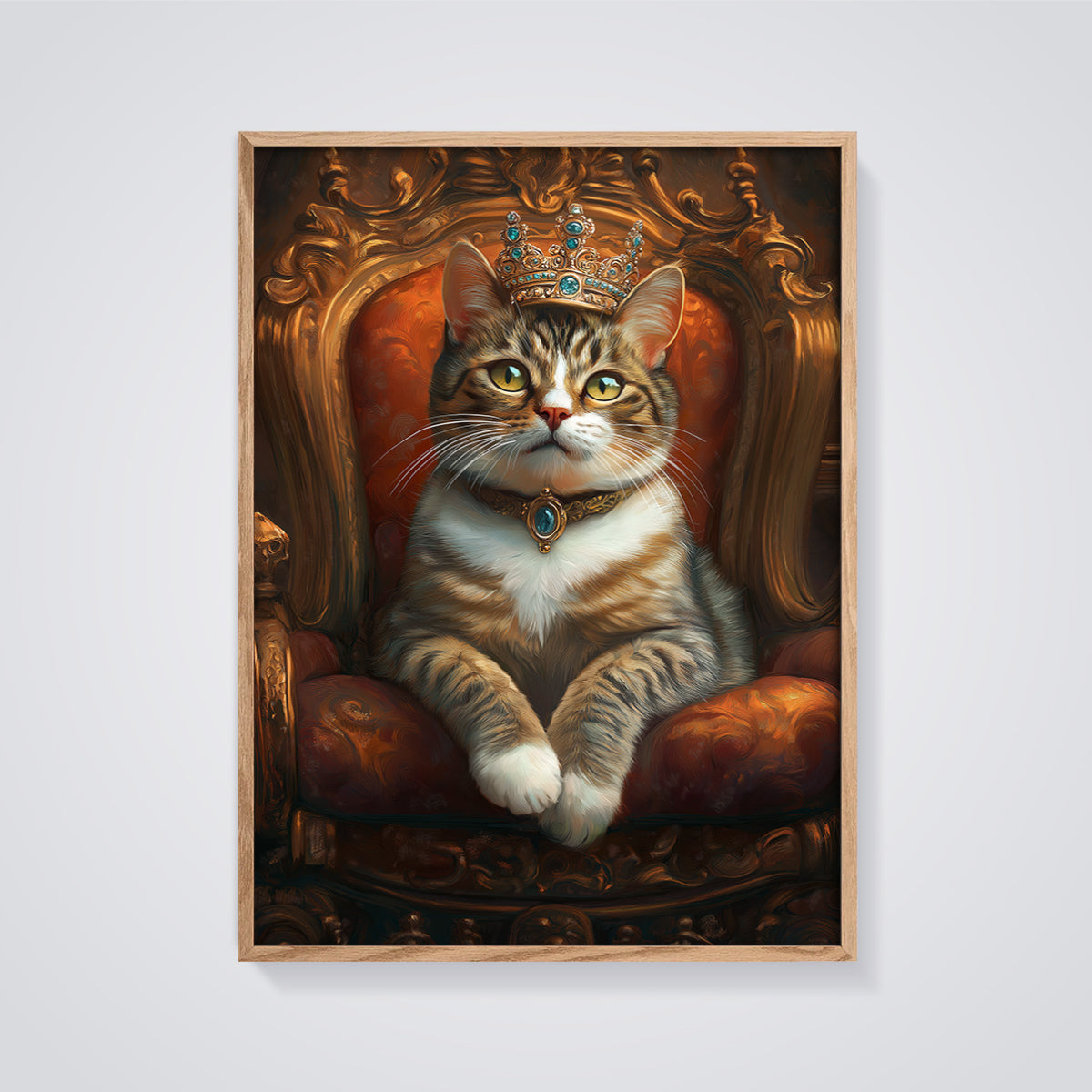 Royal Cat Throne Print framed in oak on a grey background