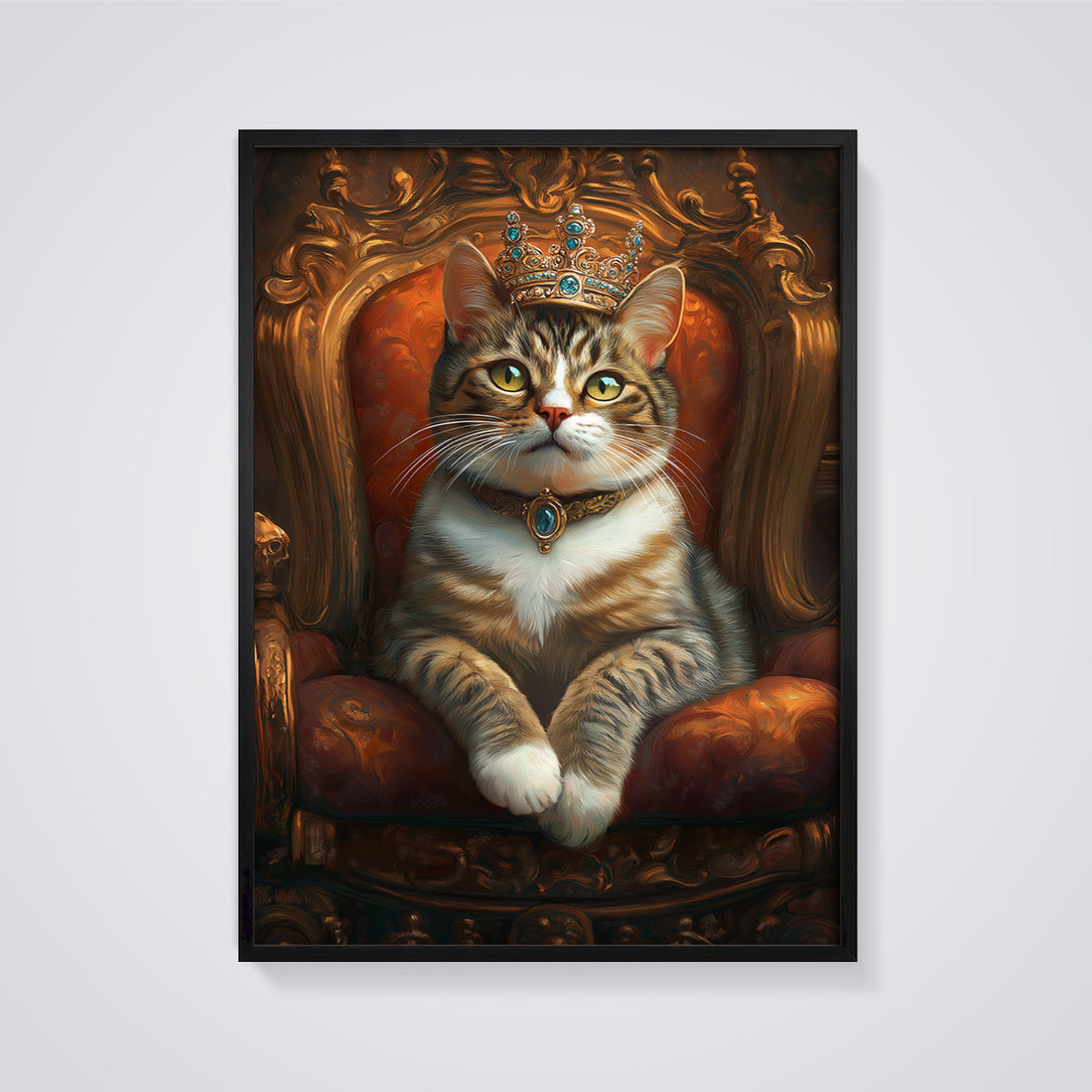 Royal Cat Throne Print framed in black on a grey background