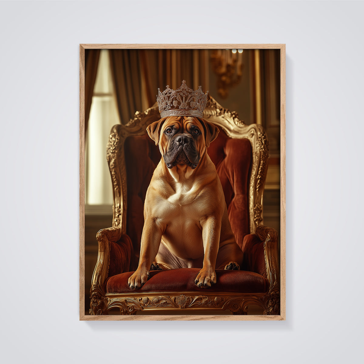 Royal Dog King Print framed in oak on a grey background