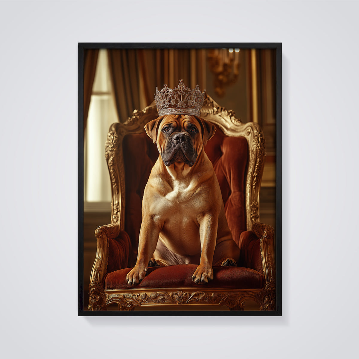 Royal Dog King Print framed in black on a grey background