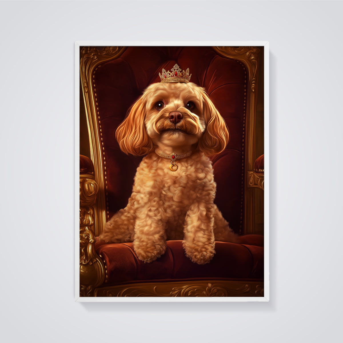 Royal Dog Throne Print framed in white on a grey background