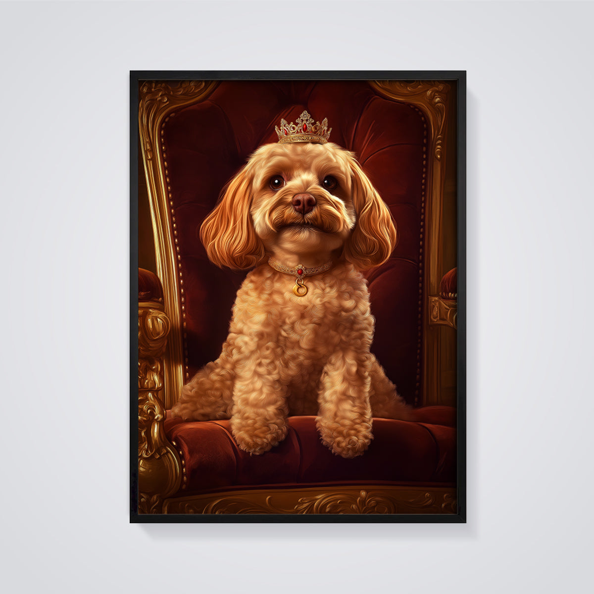 Royal Dog Throne Print framed in black on a grey background
