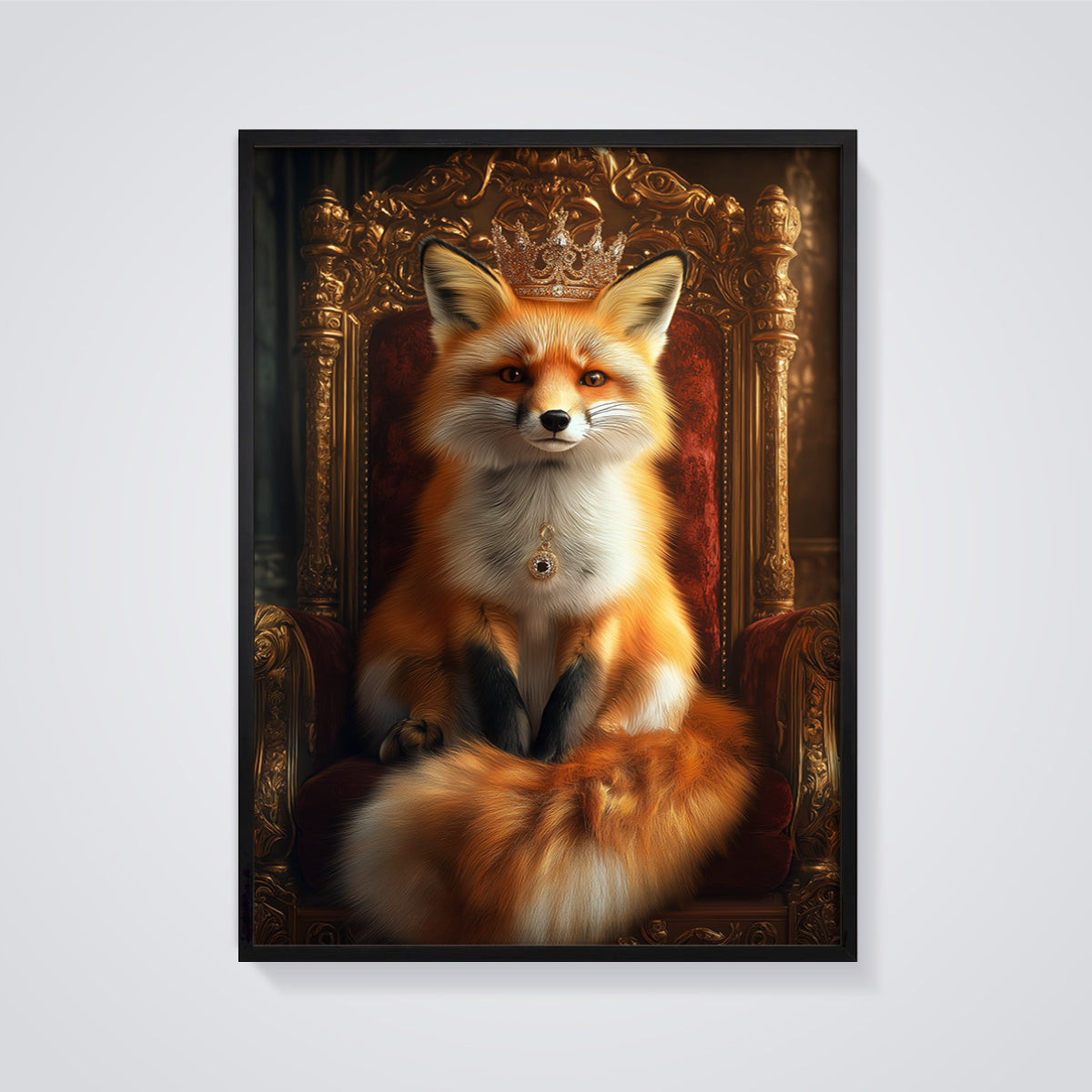 Royal Fox Throne Print framed in black on a grey background