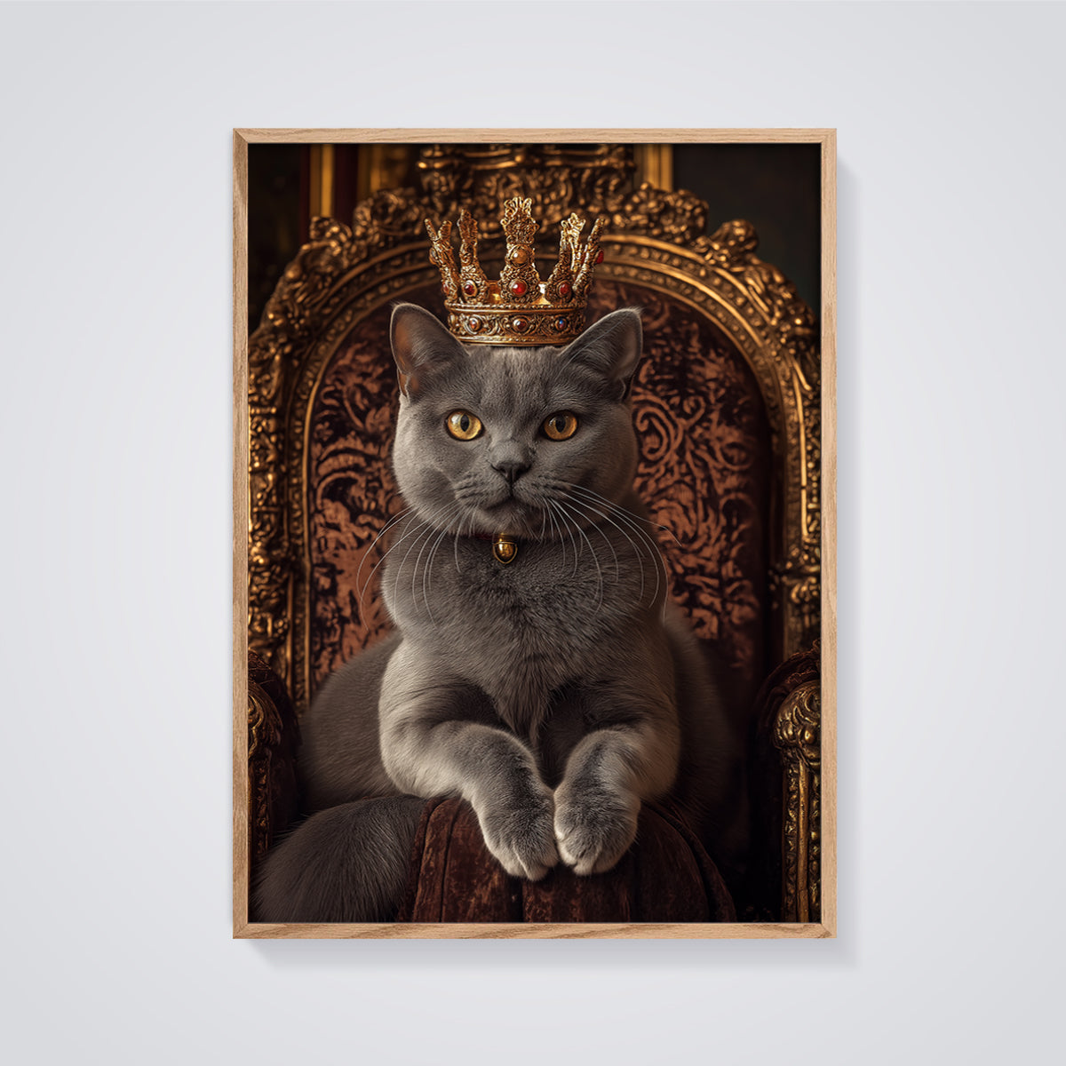 Royal Grey Cat Print framed in oak on a grey background
