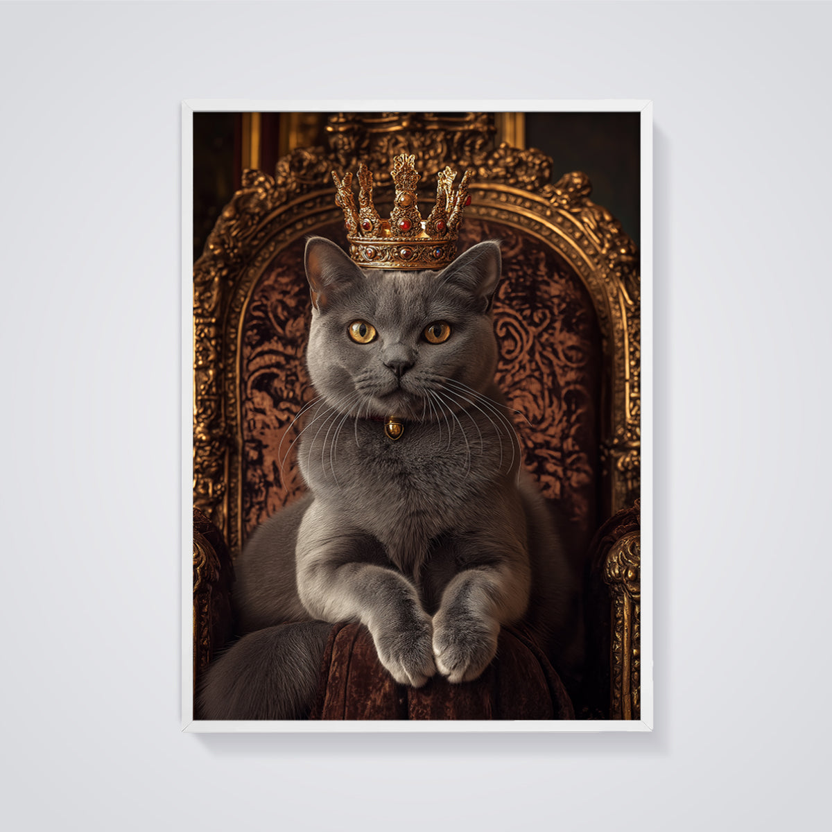 Royal Grey Cat Print framed in white on a grey background