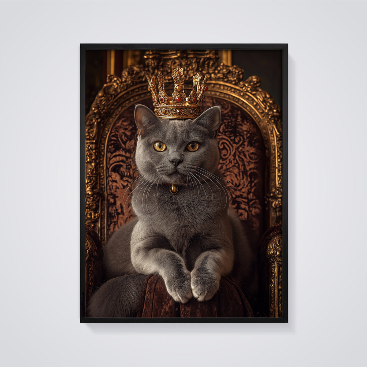 Royal Grey Cat Print framed in black on a grey background