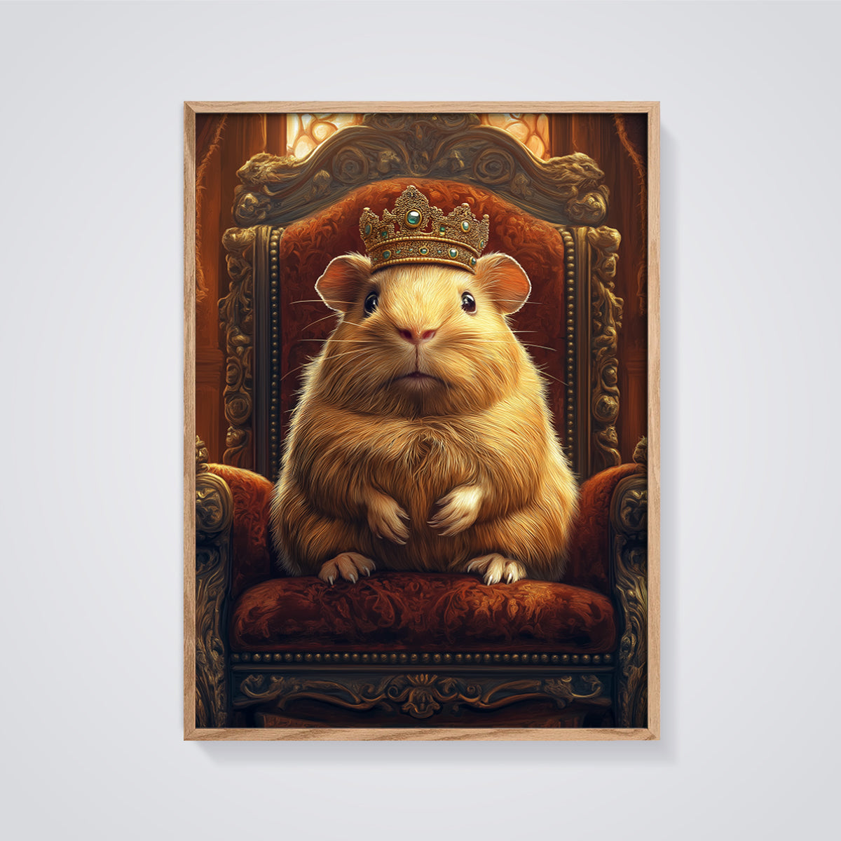 Royal Guinea Pig King Print framed in oak on a grey background