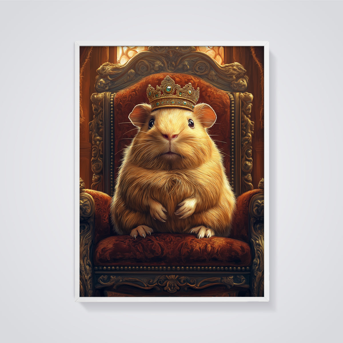 Royal Guinea Pig King Print framed in white on a grey background
