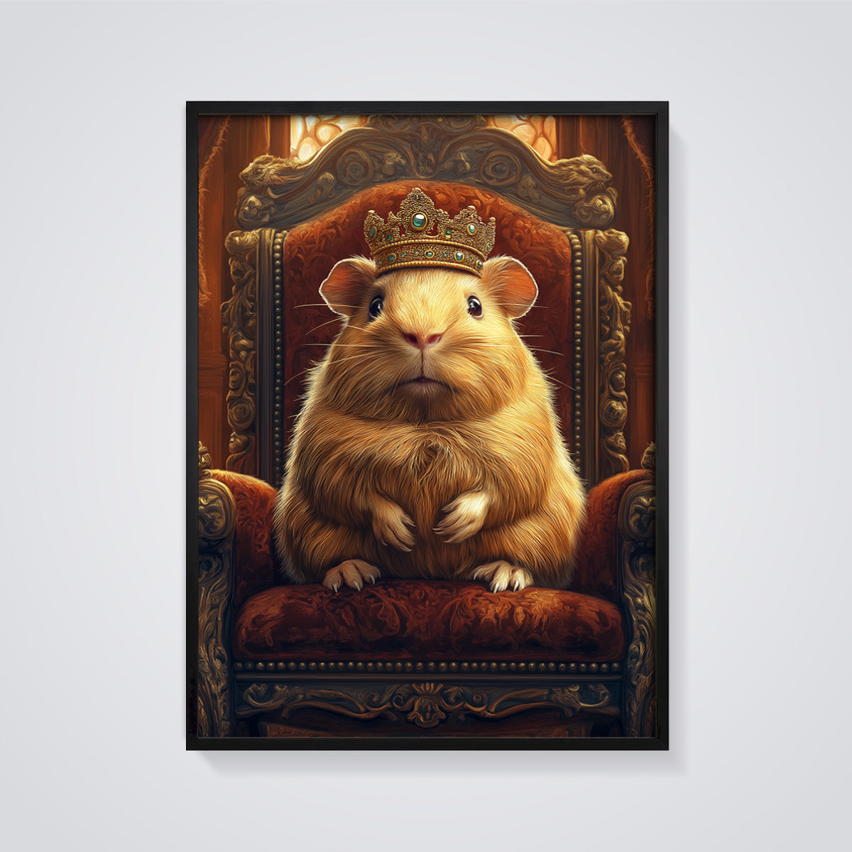 Royal Guinea Pig King Print framed in black on a grey background