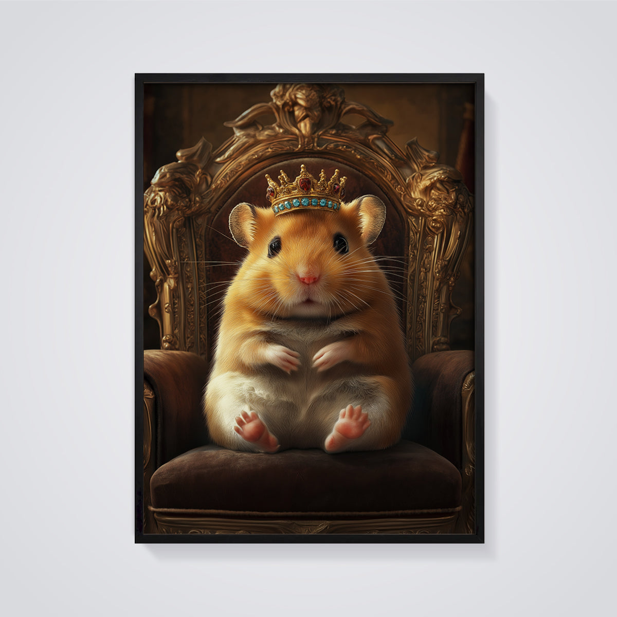 Royal Hamster Throne Print framed in black on a grey background