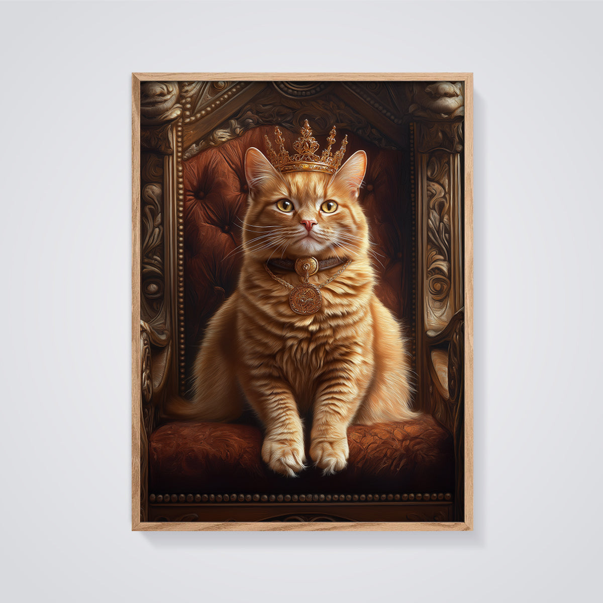 Royal Orange Cat Print framed in oak on a grey background