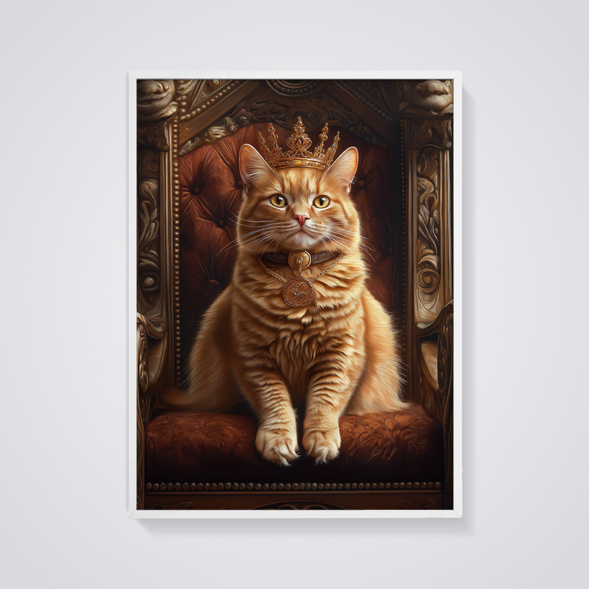 Royal Orange Cat Print framed in white on a grey background