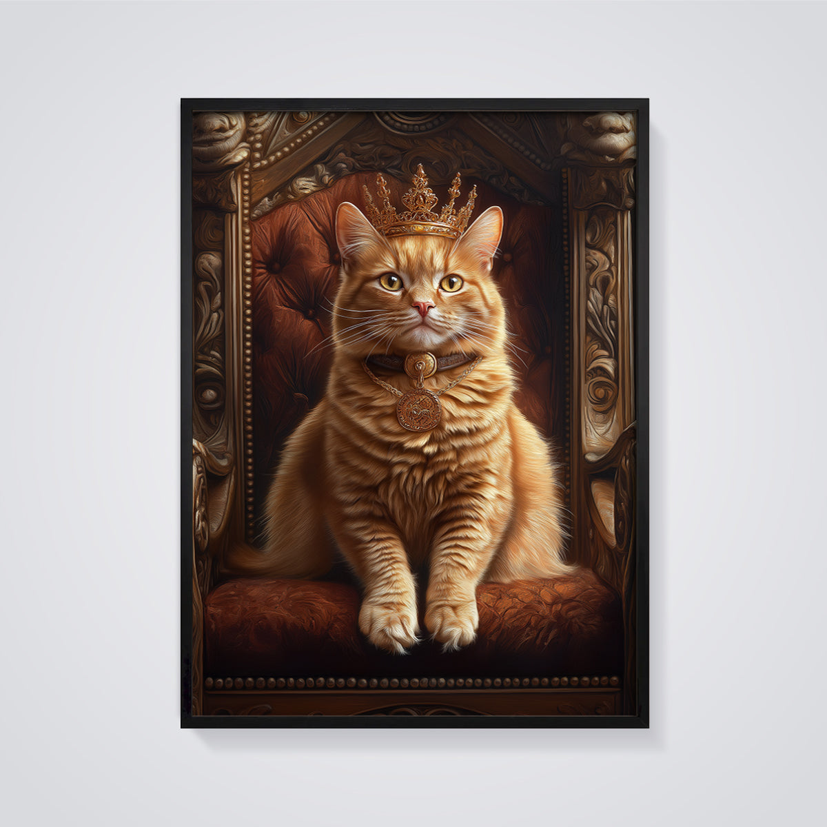 Royal Orange Cat Print framed in black on a grey background