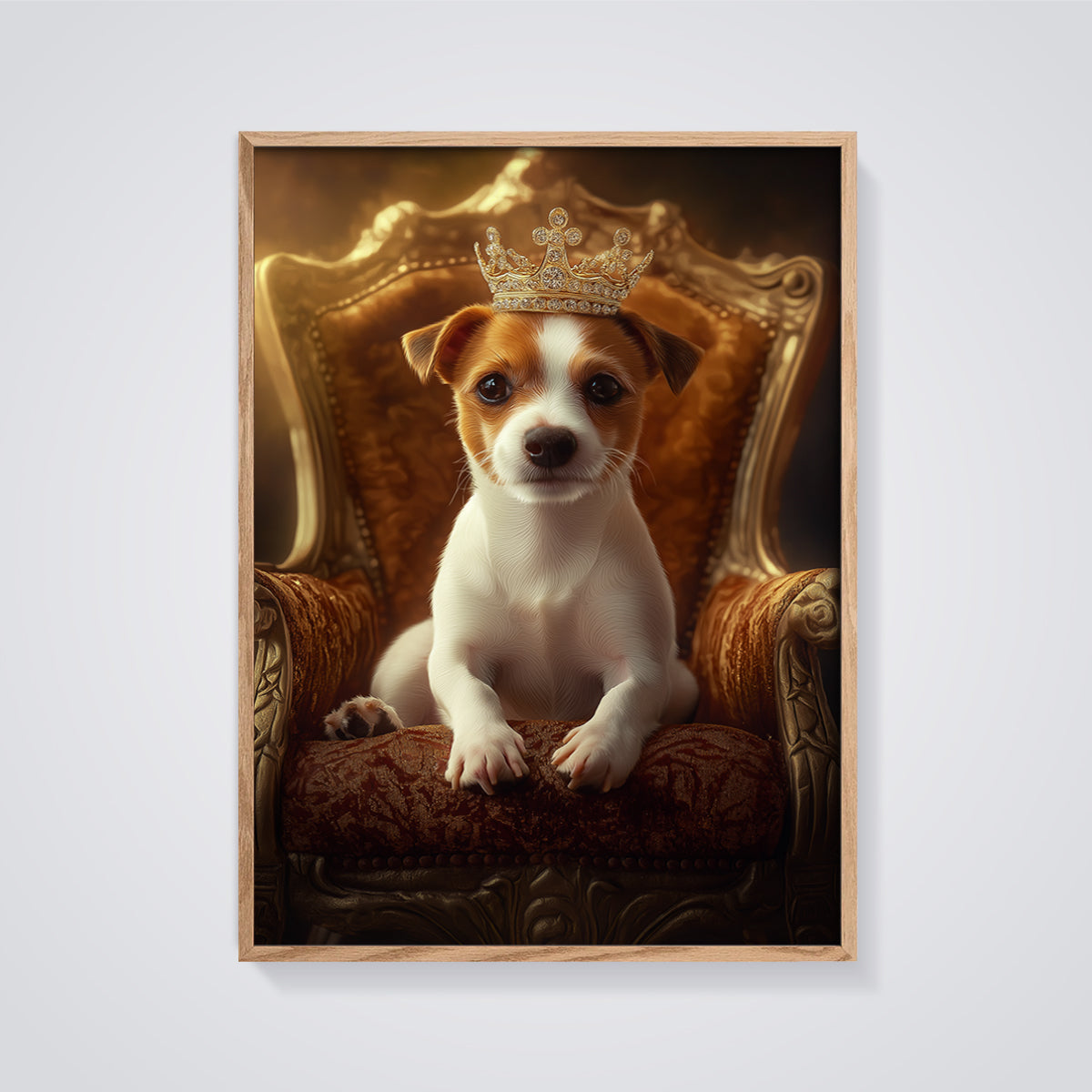 Royal Puppy Throne Print framed in oak on a grey background