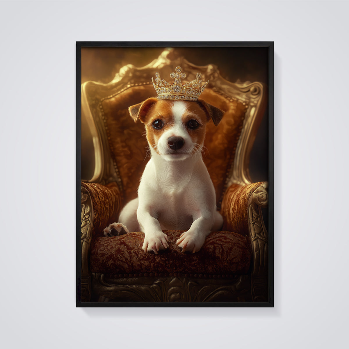 Royal Puppy Throne Print framed in black on a grey background