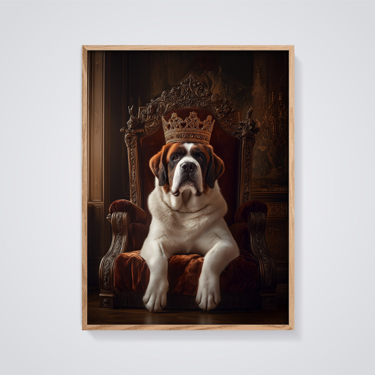 Royal St. Bernard Portrait Print framed in oak on a grey background