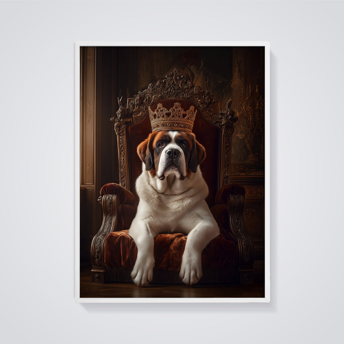 Royal St. Bernard Portrait Print framed in white on a grey background