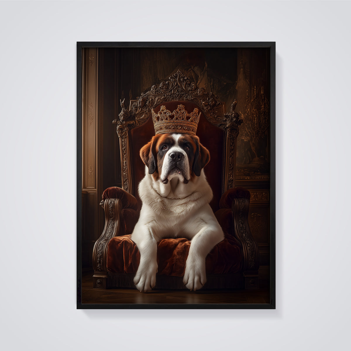 Royal St. Bernard Portrait Print framed in black on a grey background