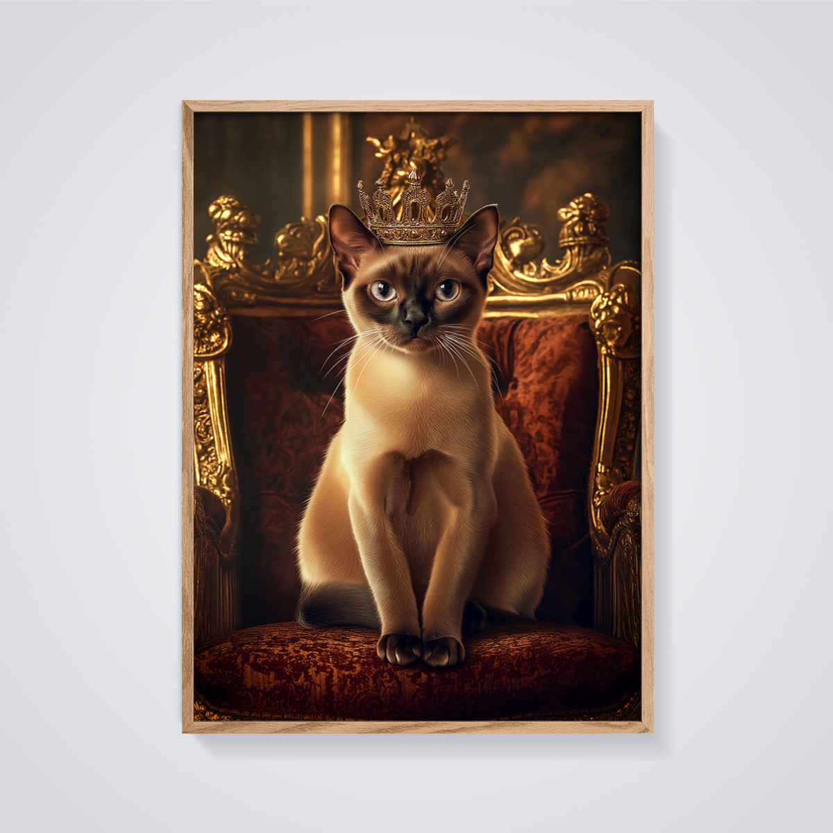 Royal Throne Cat Print framed in oak on a grey background