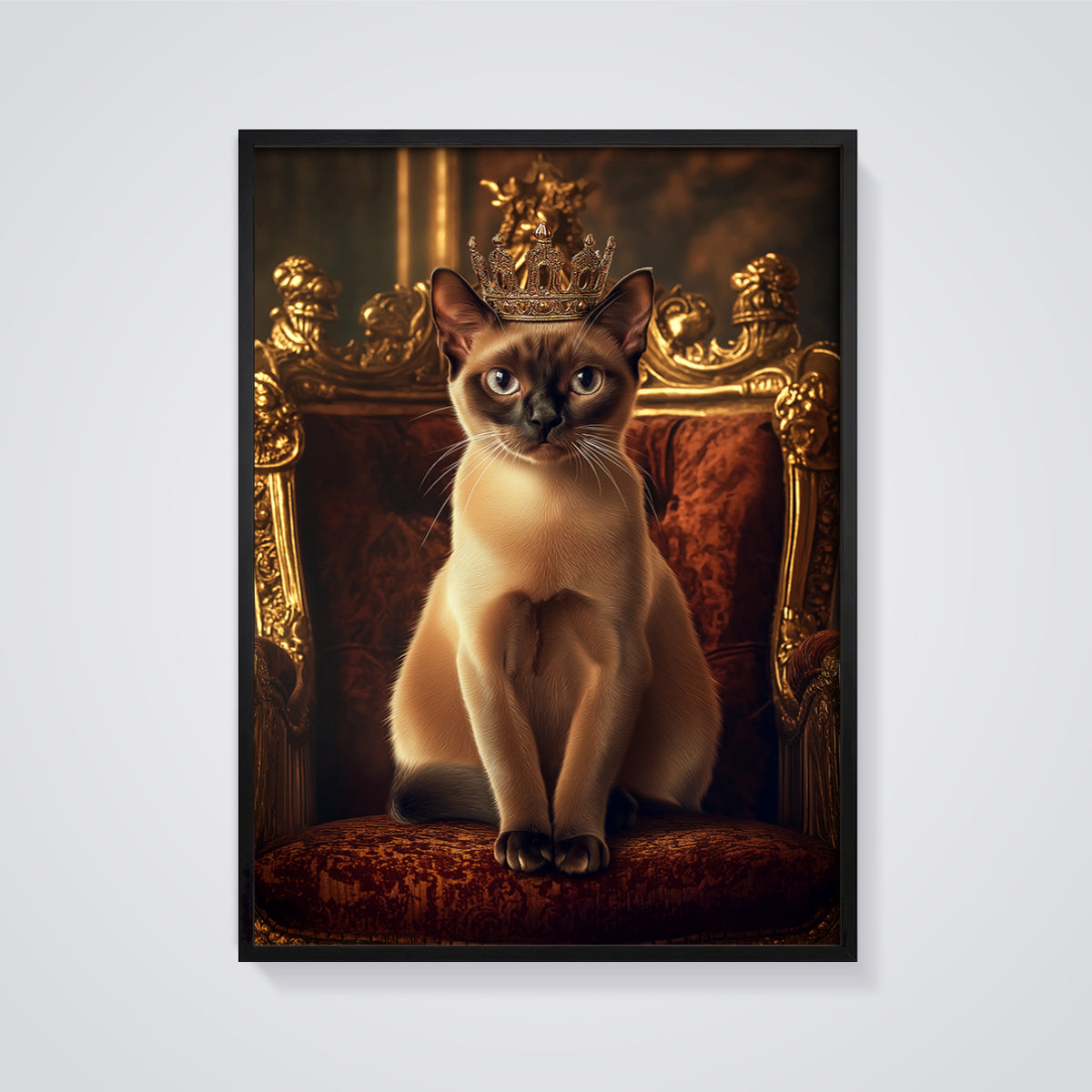 Royal Throne Cat Print framed in black on a grey background
