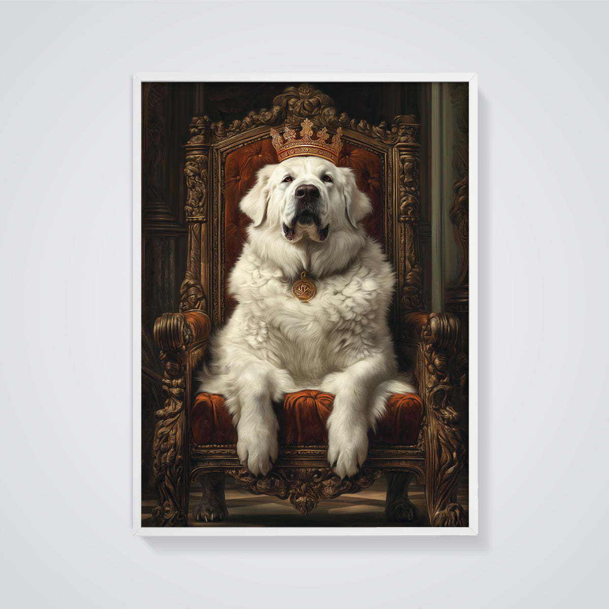Royal White Dog Portrait Print framed in white on a grey background