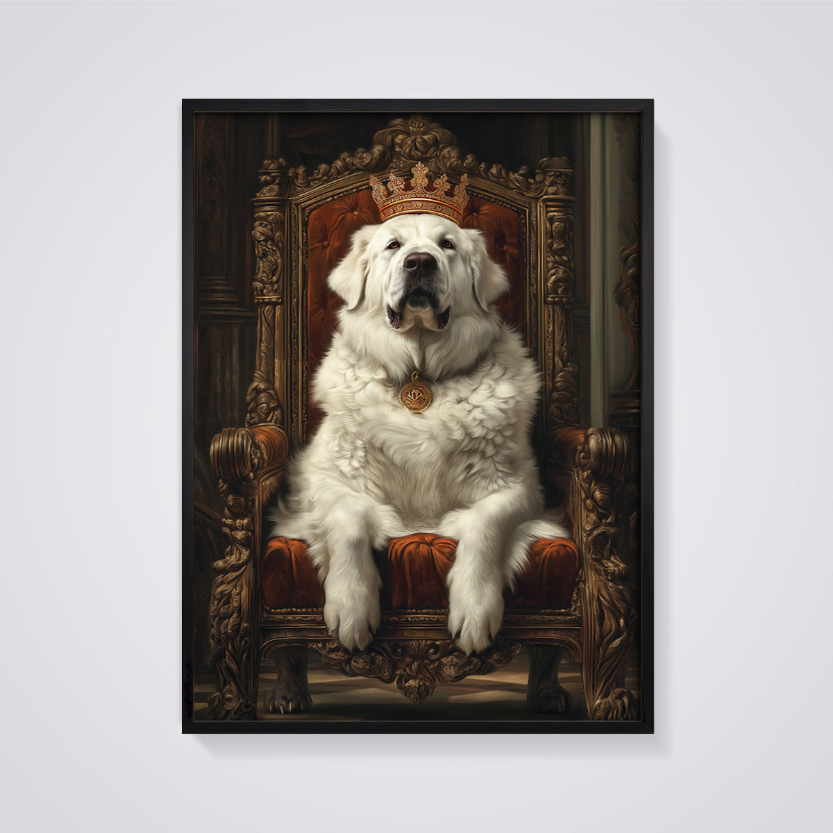 Royal White Dog Portrait Print framed in black on a grey background