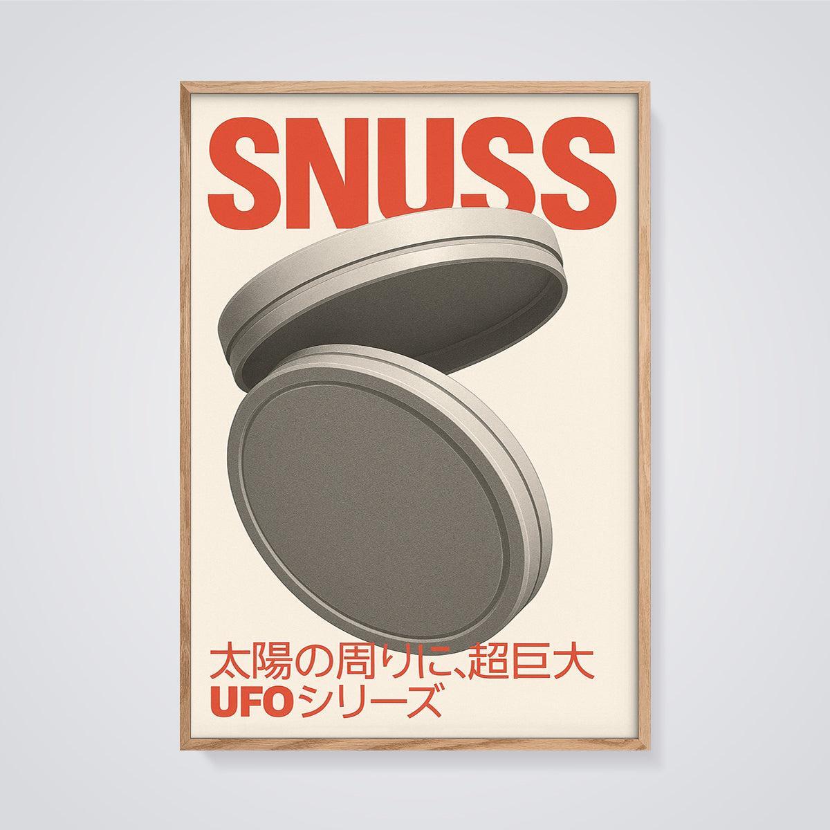 SNUSS Minimalist UFO Discs Print framed in oak on a grey background