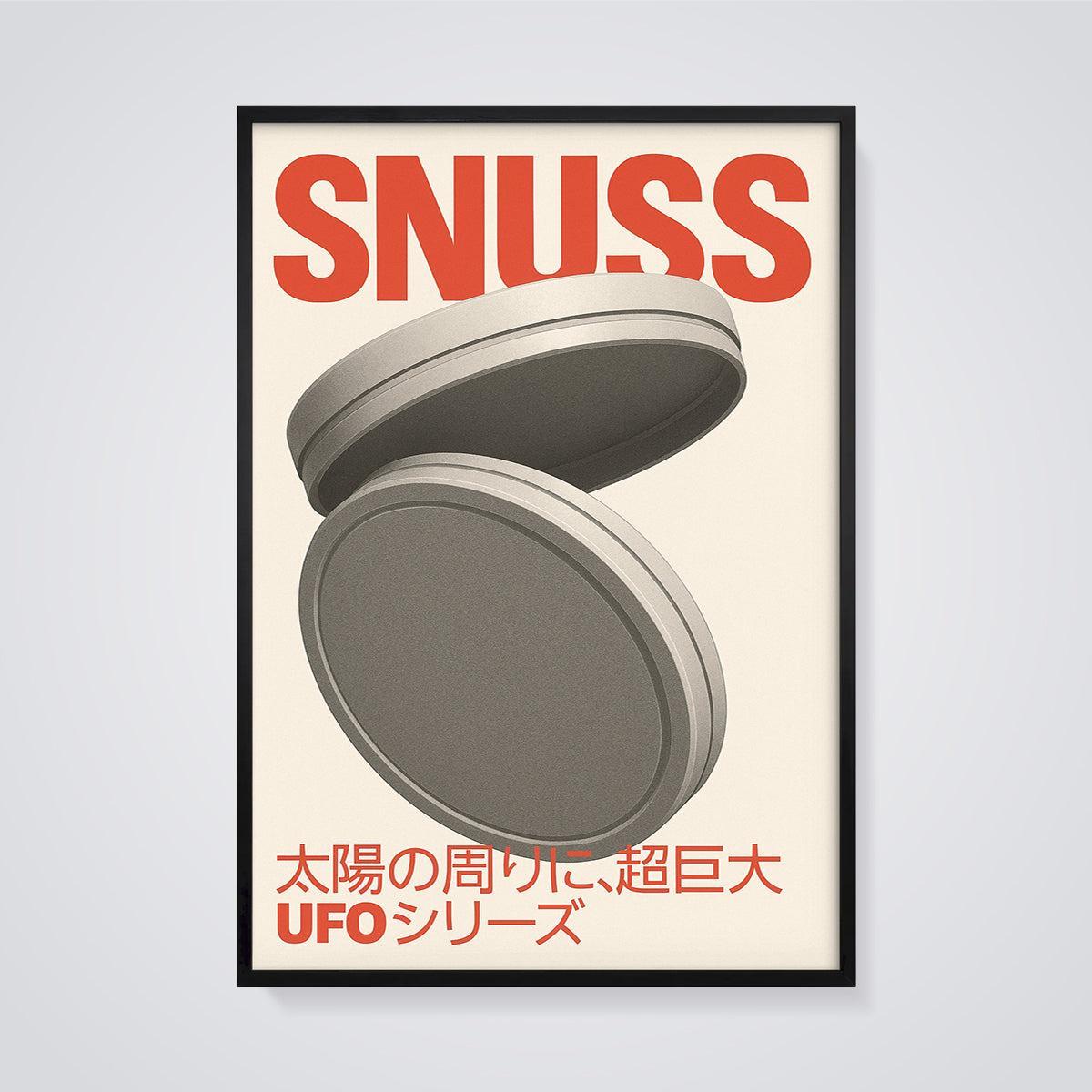 SNUSS Minimalist UFO Discs Print framed in black on a grey background