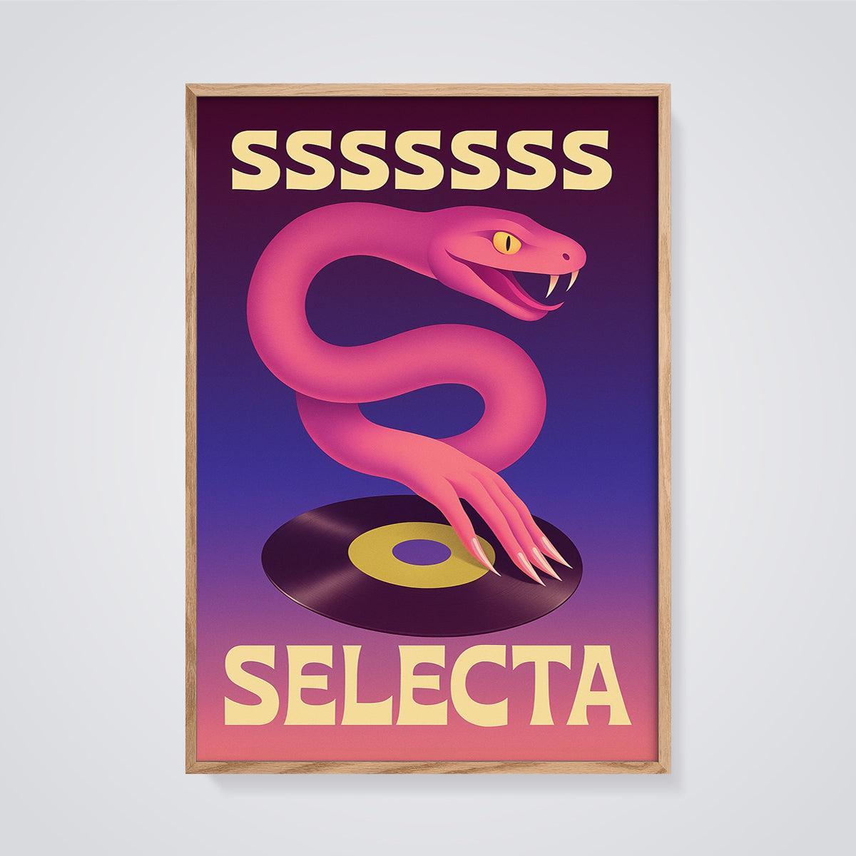 SSSSSS Selecta Snake Record Print framed in oak on a grey background