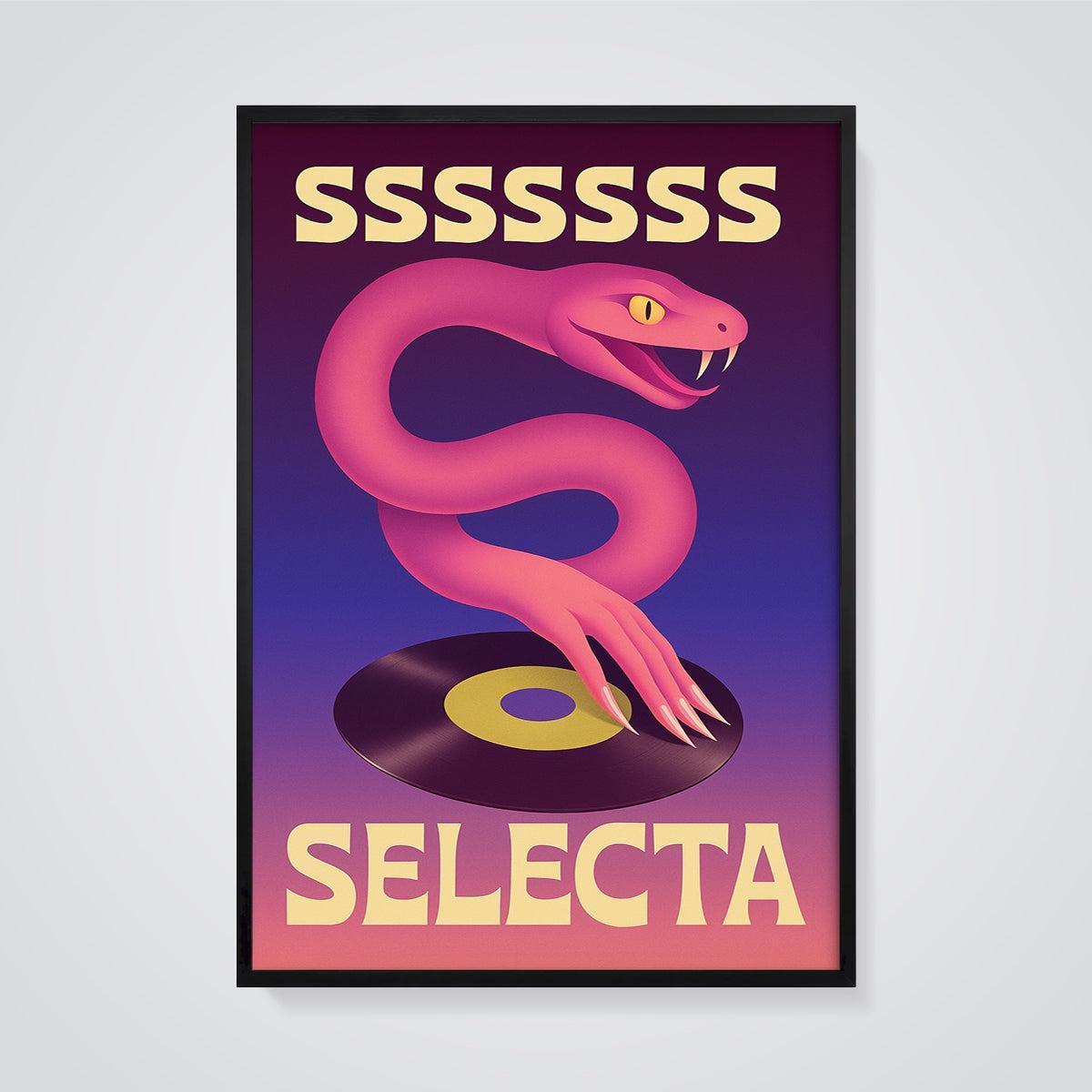 SSSSSS Selecta Snake Record Print framed in black on a grey background