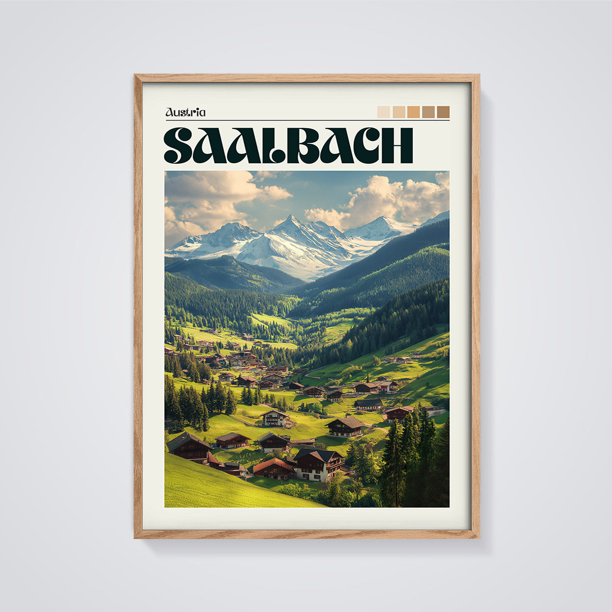 Saalbach Alpine Village Print framed in oak on a grey background