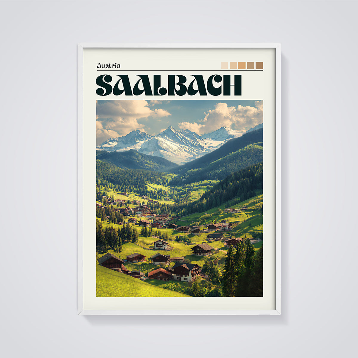 Saalbach Alpine Village Print framed in white on a grey background