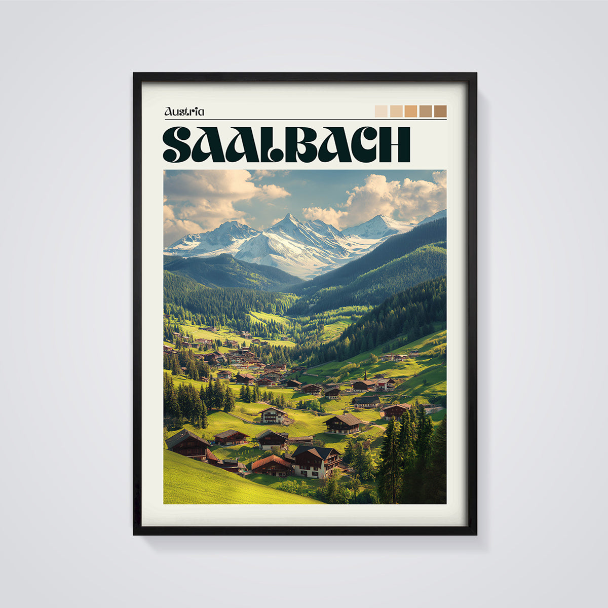 Saalbach Alpine Village Print framed in black on a grey background
