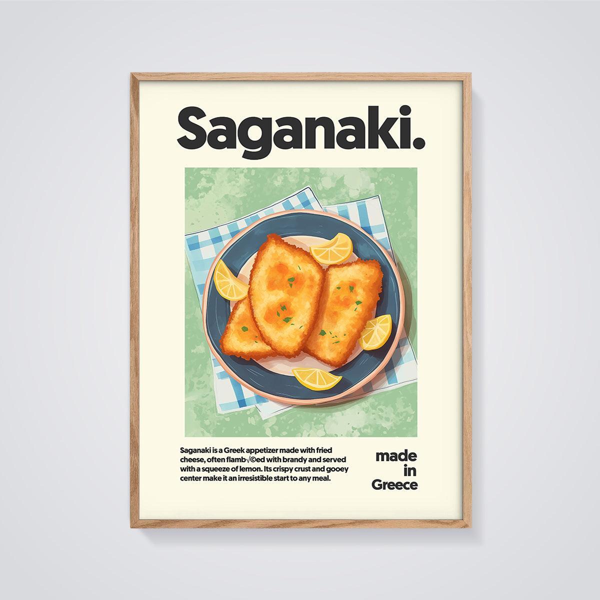 Saganaki Fried Cheese Print framed in oak on a grey background