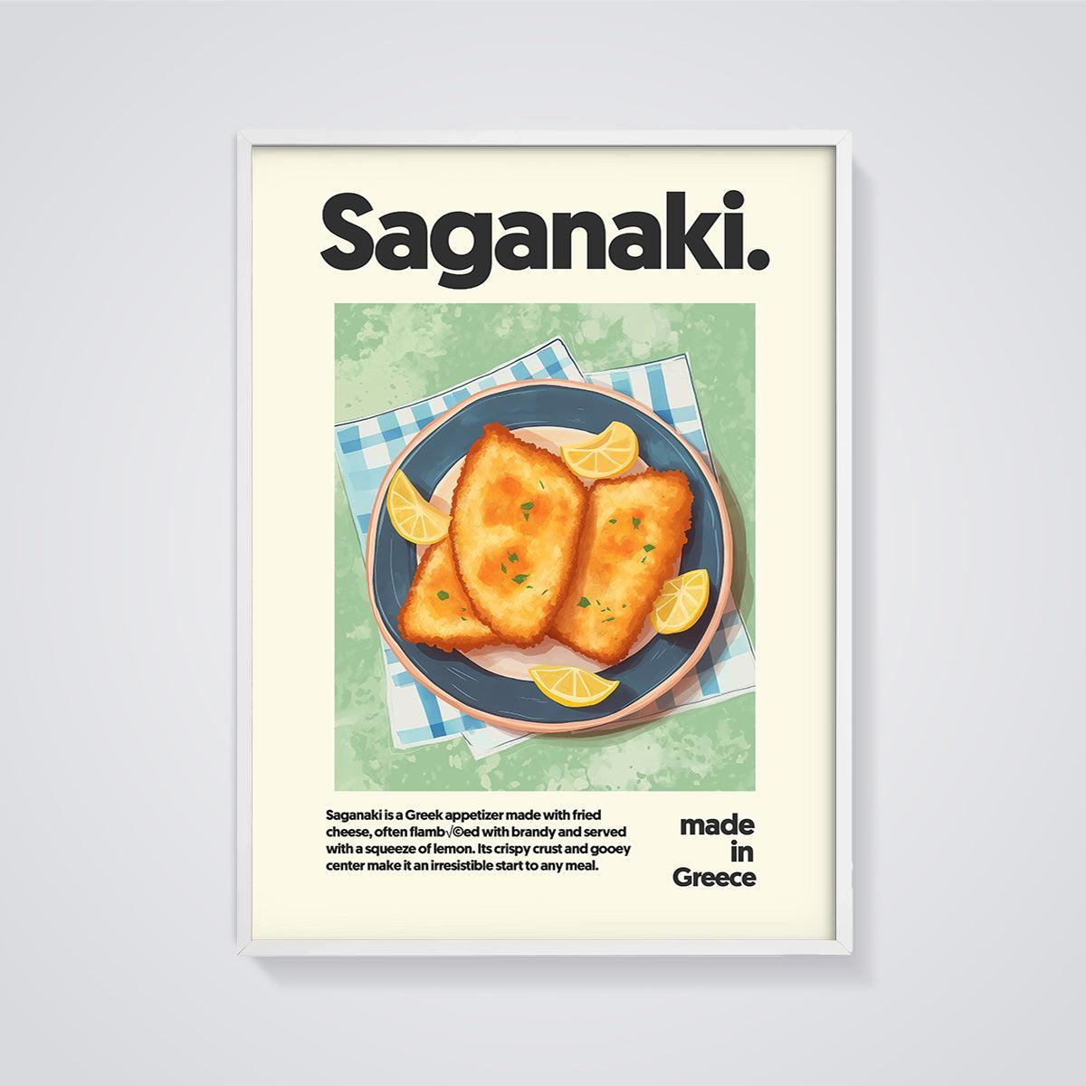 Saganaki Fried Cheese Print framed in white on a grey background