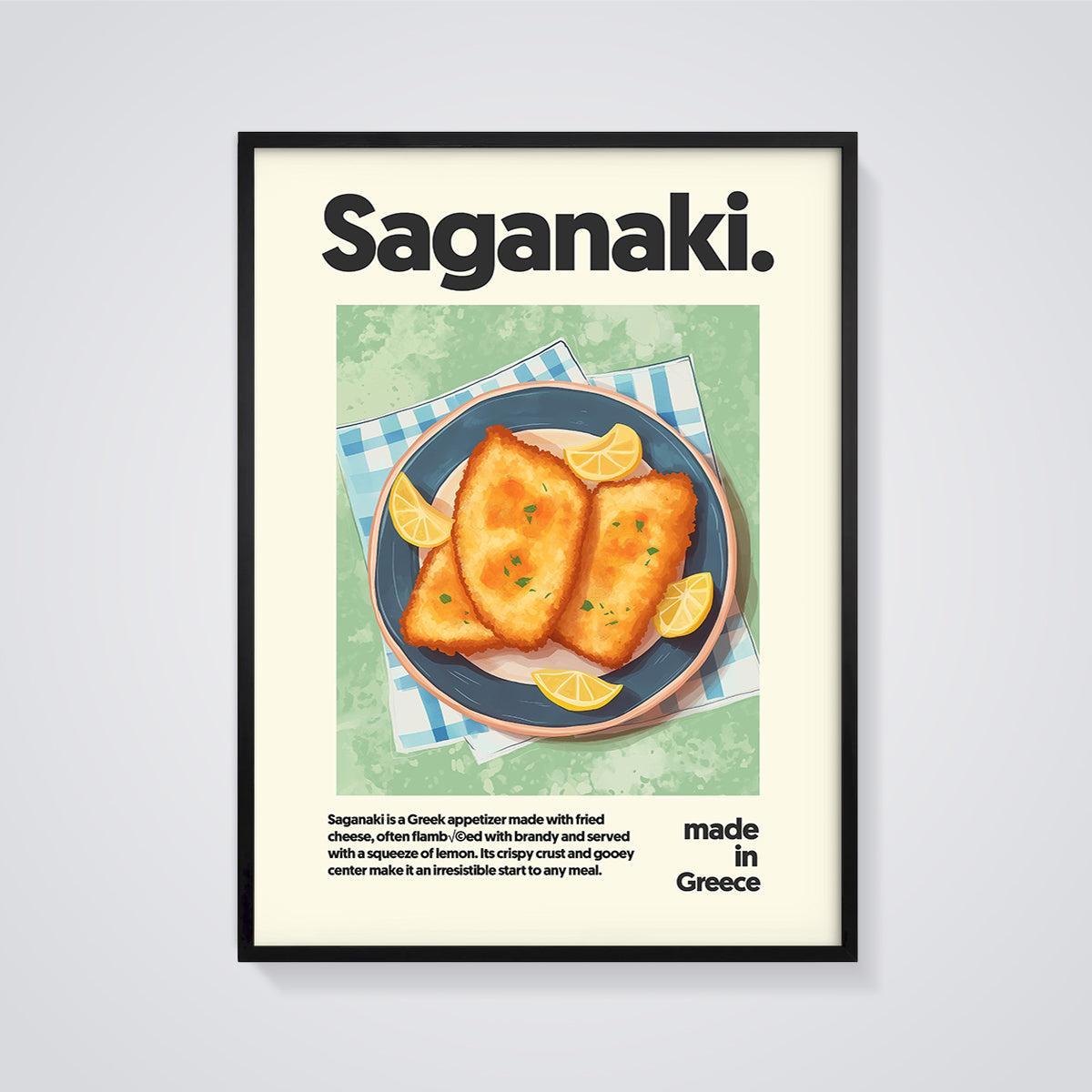 Saganaki Fried Cheese Print framed in black on a grey background