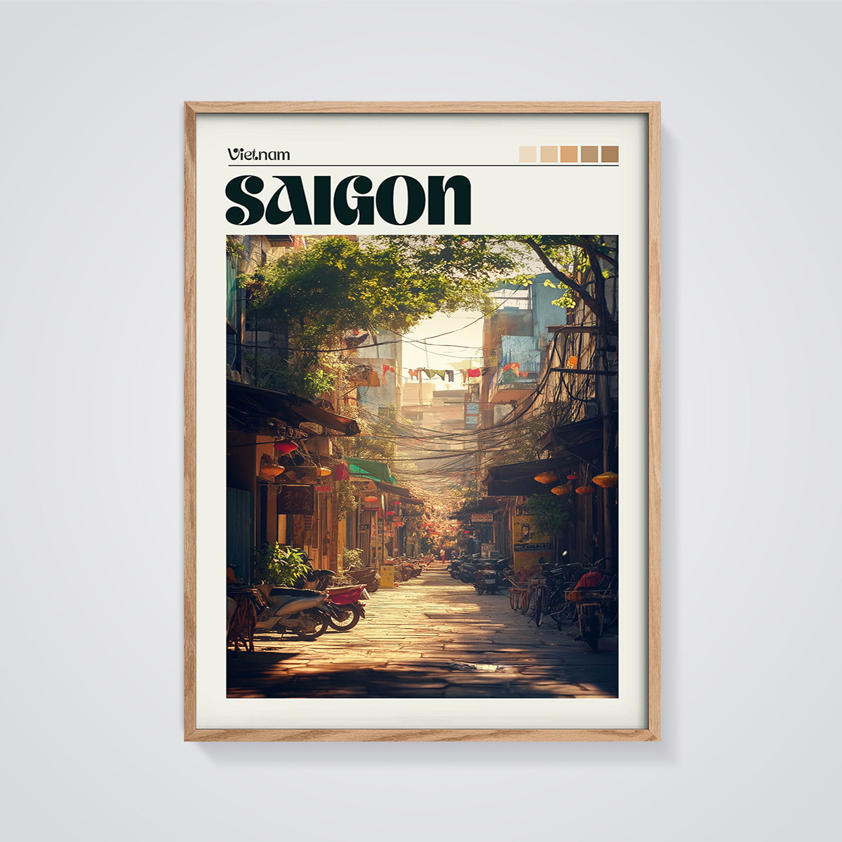 Saigon City Street Print framed in oak on a grey background