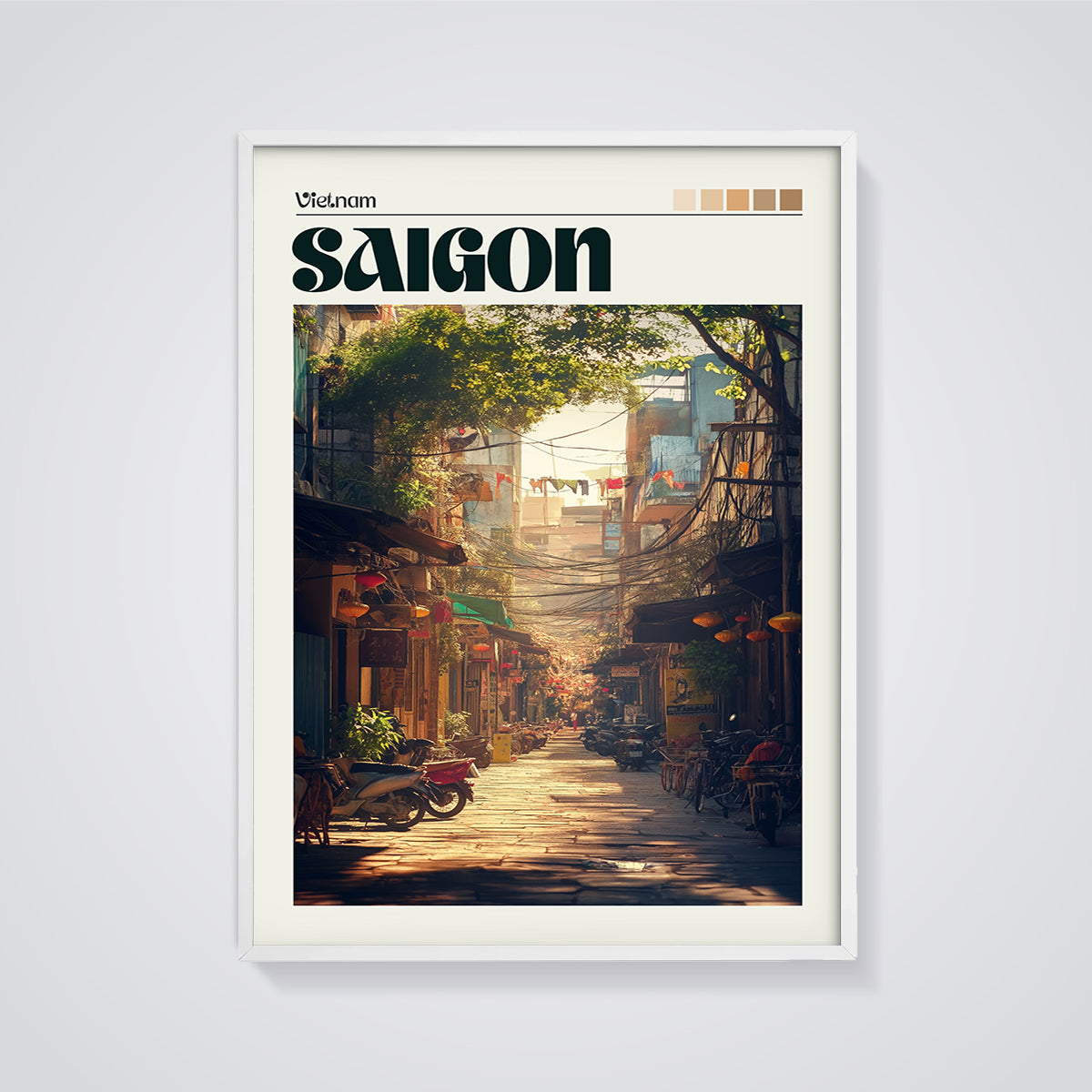 Saigon City Street Print framed in white on a grey background
