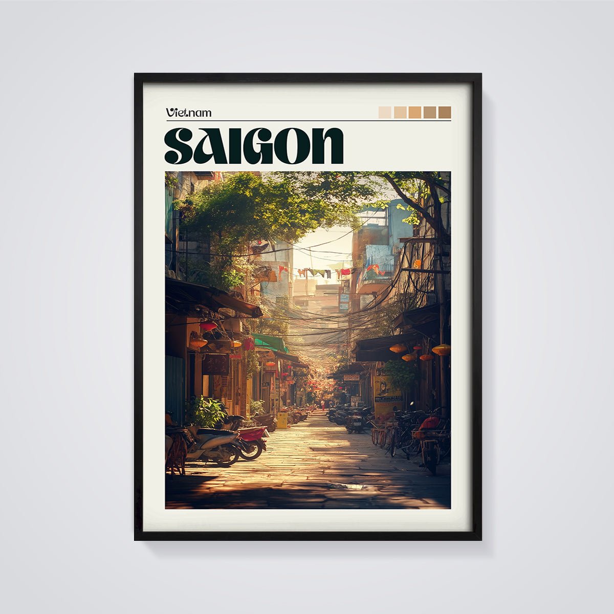 Saigon City Street Print framed in black on a grey background