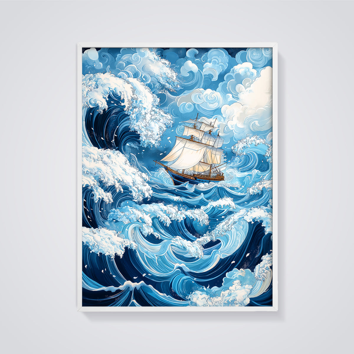 Sailing Ship Waves Print framed in white on a grey background