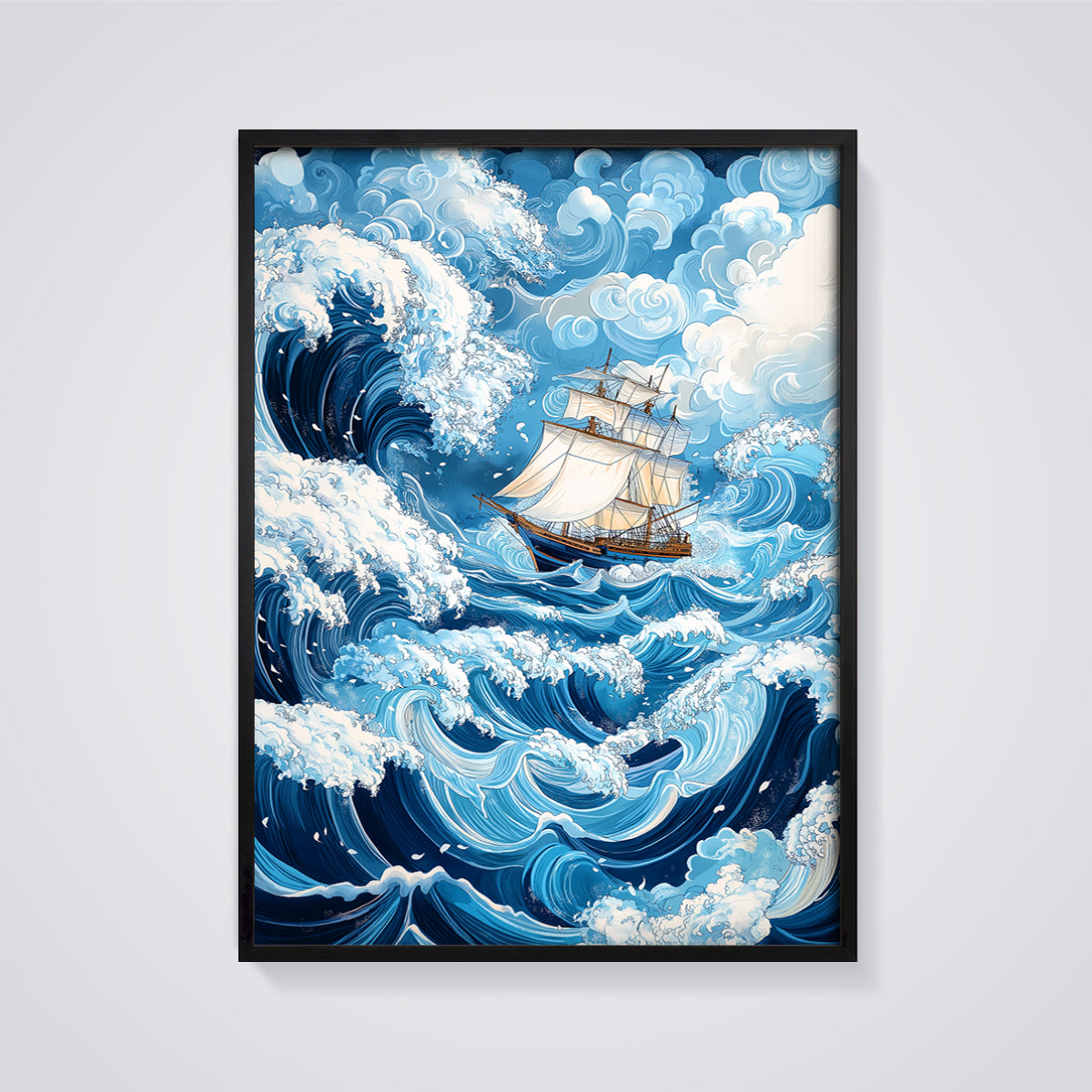 Sailing Ship Waves Print framed in black on a grey background