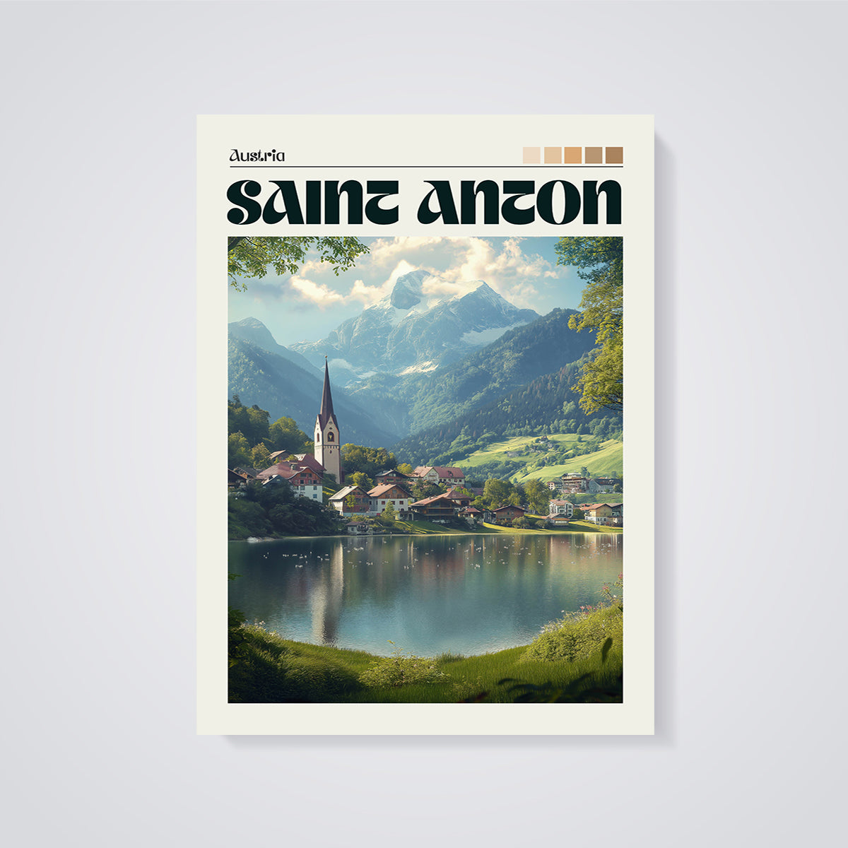 Saint Anton Alpine Lake Print unframed on a grey background