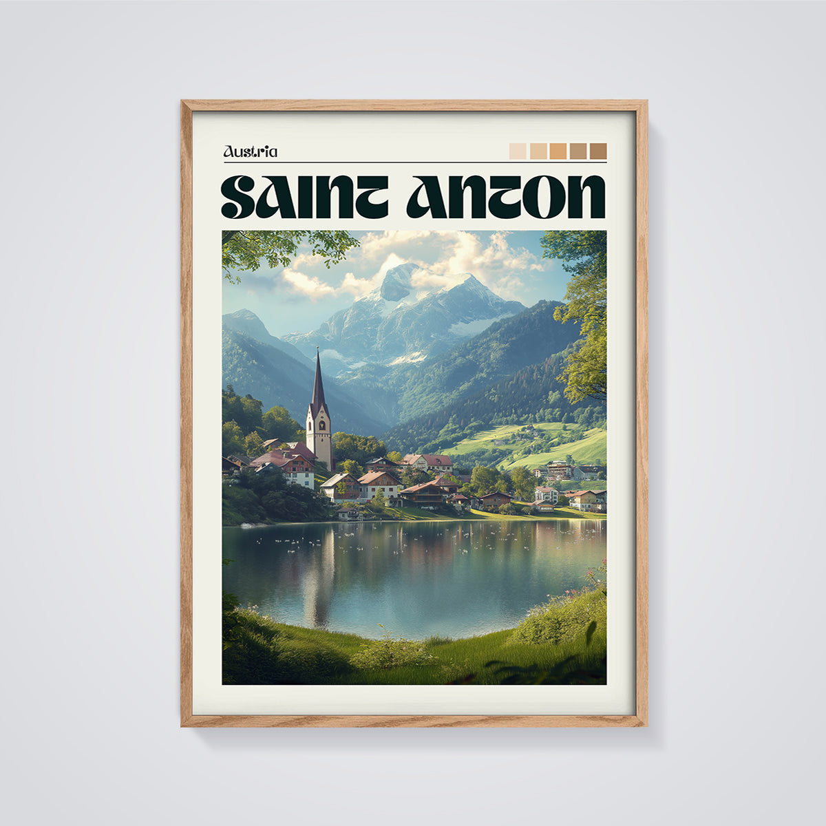 Saint Anton Alpine Lake Print framed in oak on a grey background