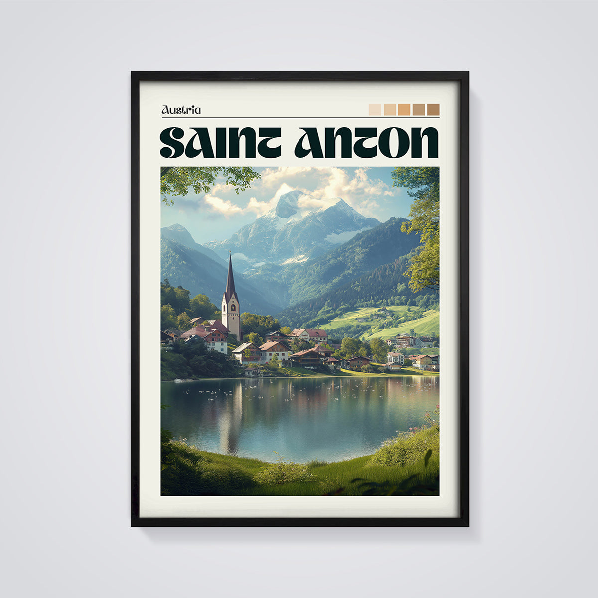 Saint Anton Alpine Lake Print framed in black on a grey background