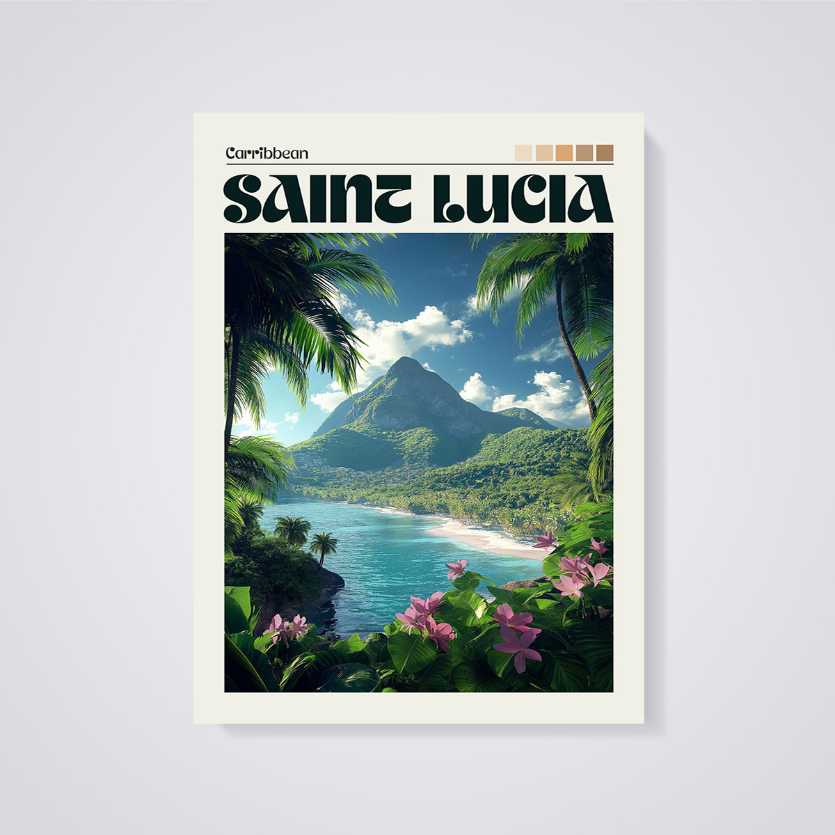 Saint Lucia Pitons View Print unframed on a grey background