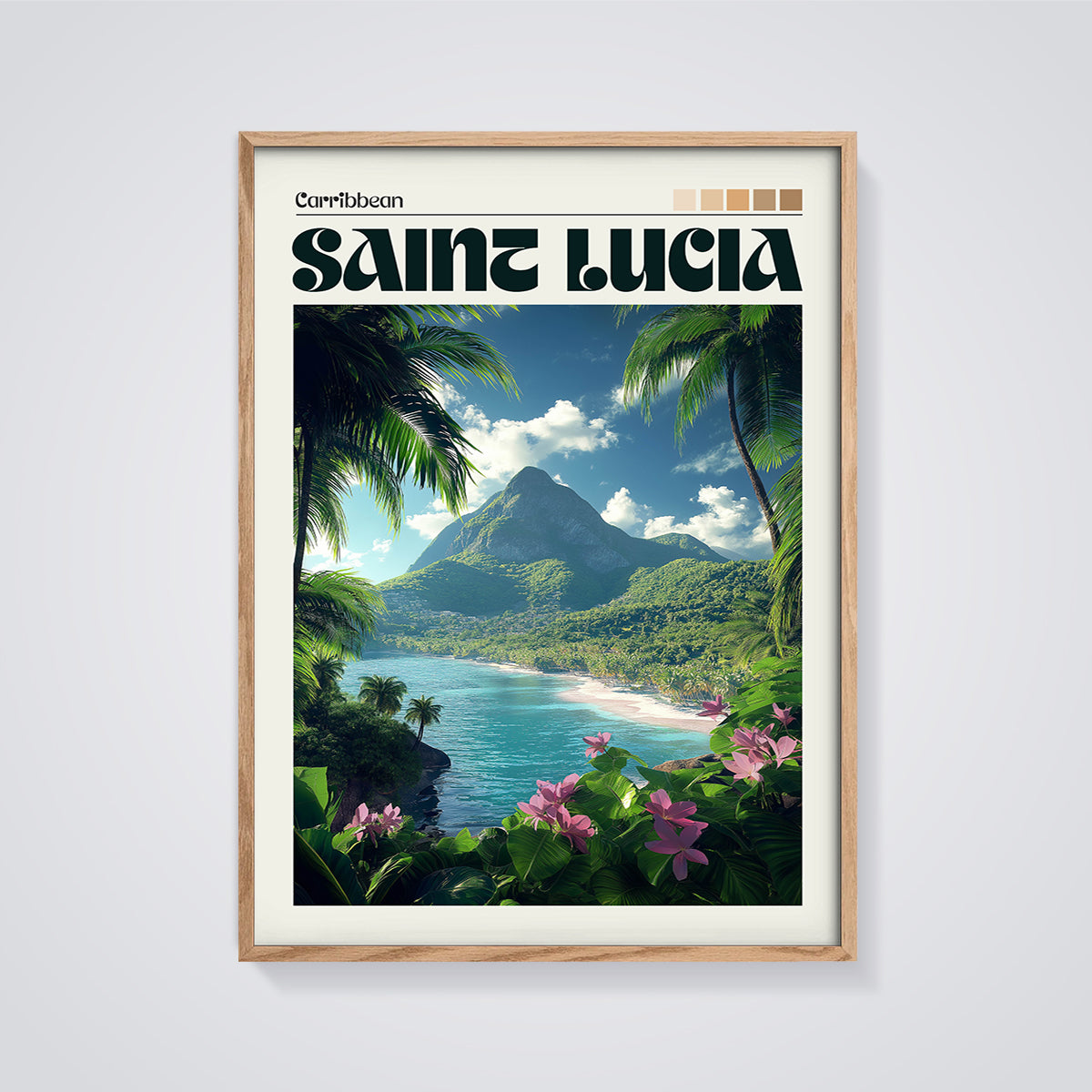 Saint Lucia Pitons View Print framed in oak on a grey background