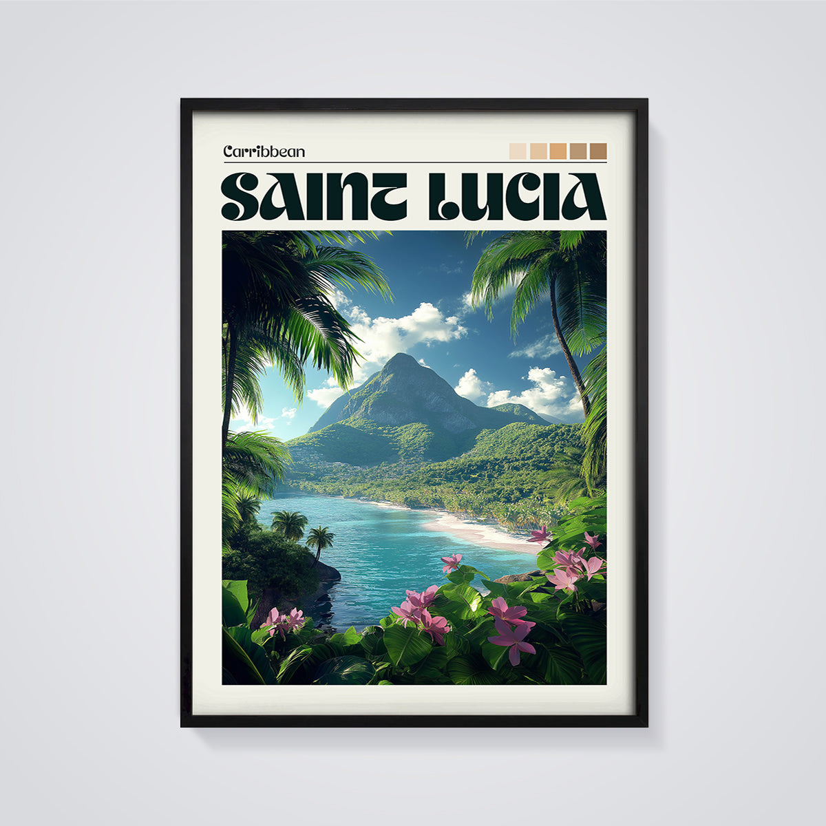 Saint Lucia Pitons View Print framed in black on a grey background