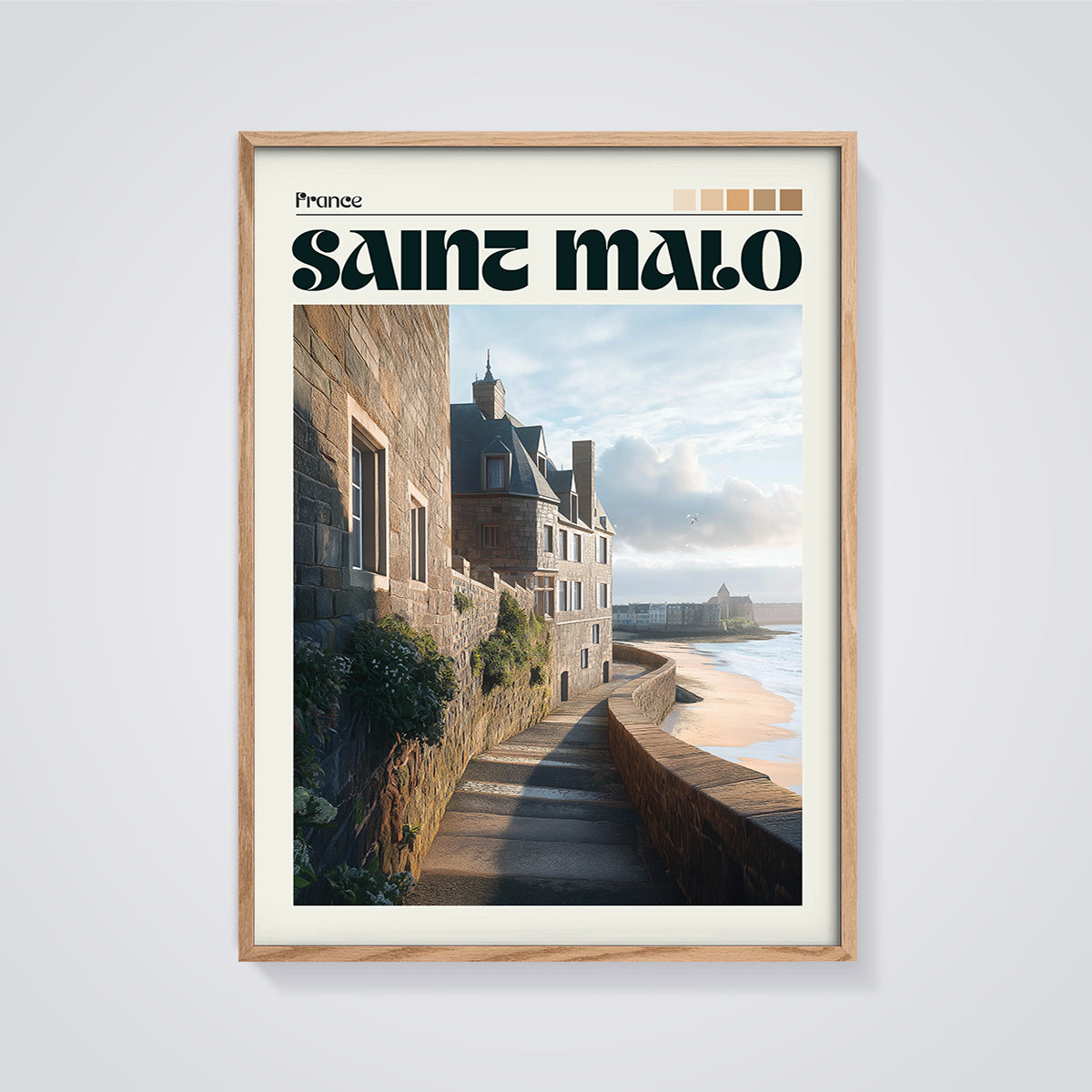 Saint Malo France Coastal Wall Print framed in oak on a grey background